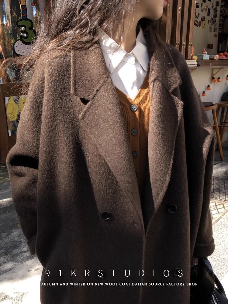 Damenbekleidung Braun Hochwertiger doppelseitiger Wollmantel Neuer Mantel im koreanischen Stil Verdickter Herbst- und Wintermantel Mittlere Länge_voghion.com