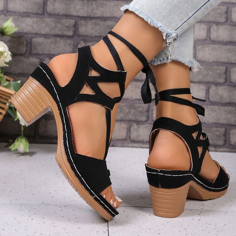 Plus Size Chunky Heel Spring Summer New Hollow Peep Toe Flower Buckle Casual Women's Sandals Strappy_voghion.com