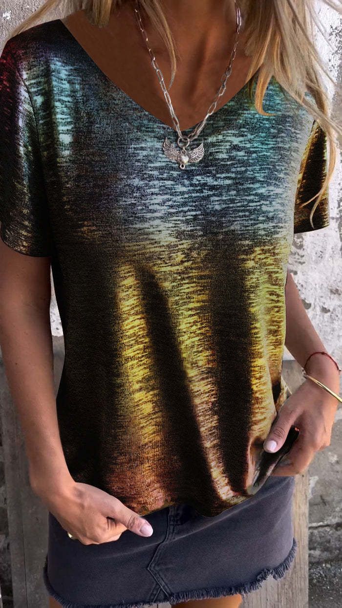 Maglietta a maniche corte con scollo rotondo e paillettes da donna, tinta unita, per il tempo libero_voghion.com