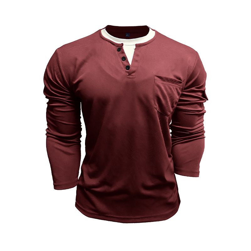 Mehrlagiges Herren-Langarmshirt mit V-Ausschnitt – Doppellagiges Thermoshirt mit Kontrastnähten (Grau/Schwarz/Burgunderrot/Olivgrün/Blau, S-XXXL)_voghion.com