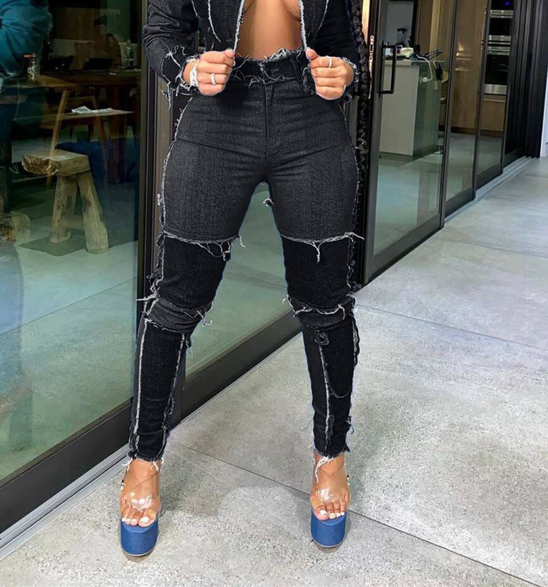Women's clothing retro stitching washed denim suit_voghion.com