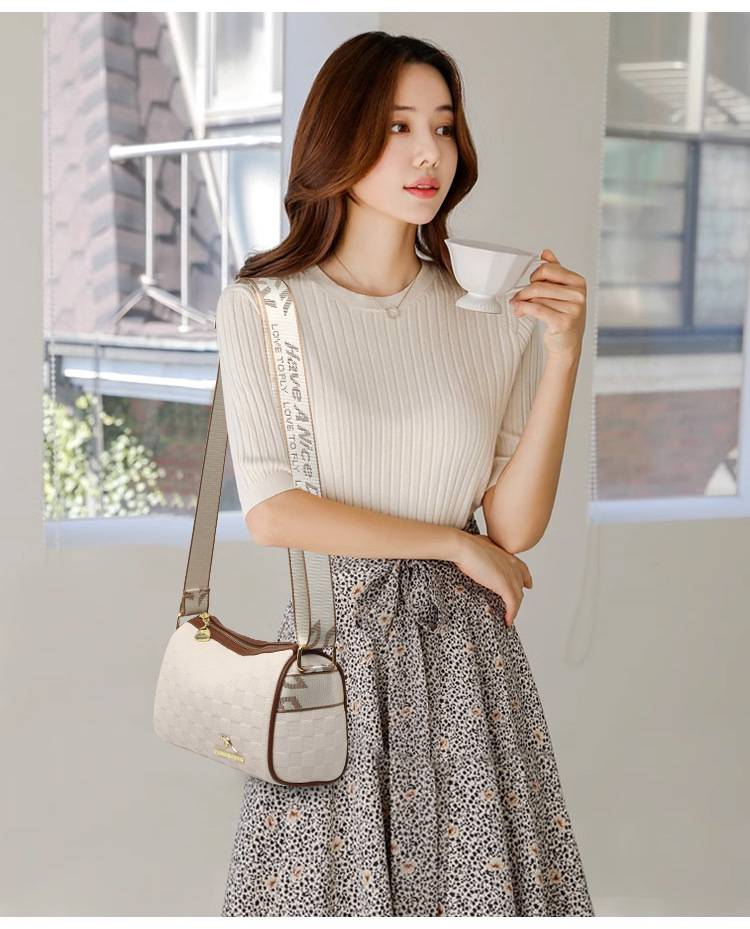 Luxe schoudertas voor dames - getextureerde geruite Boston kussentas, casual veelzijdige cilinder crossbody tas_voghion.com