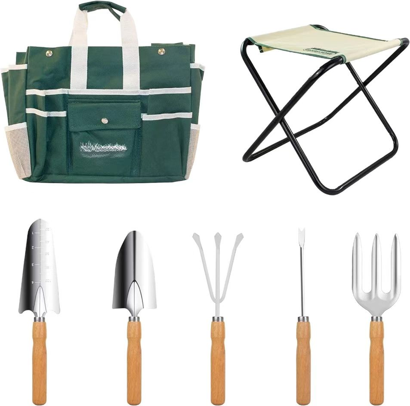 Ensemble d'outils de jardinage, 7 pièces, tabouret pliant et sac fourre-tout en toile amovible, vert et blanc, cadeaux de jardinage idéaux_voghion.com