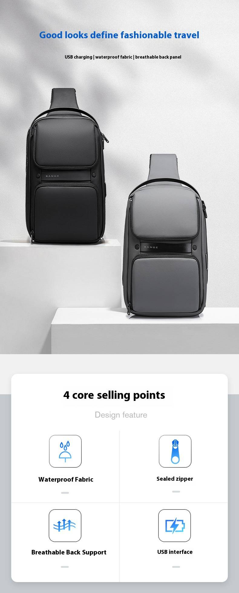 Herren Umhängetasche – Wasserdichte Business Sling Pack (Schwarz/Grau)_voghion.com