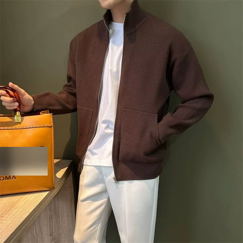 Men's Slim Fit Zip-Up Knit Cardigan - Solid Color Stand Collar Sweater Jacket For Autumn & Winter, Casual Outerwear_voghion.com