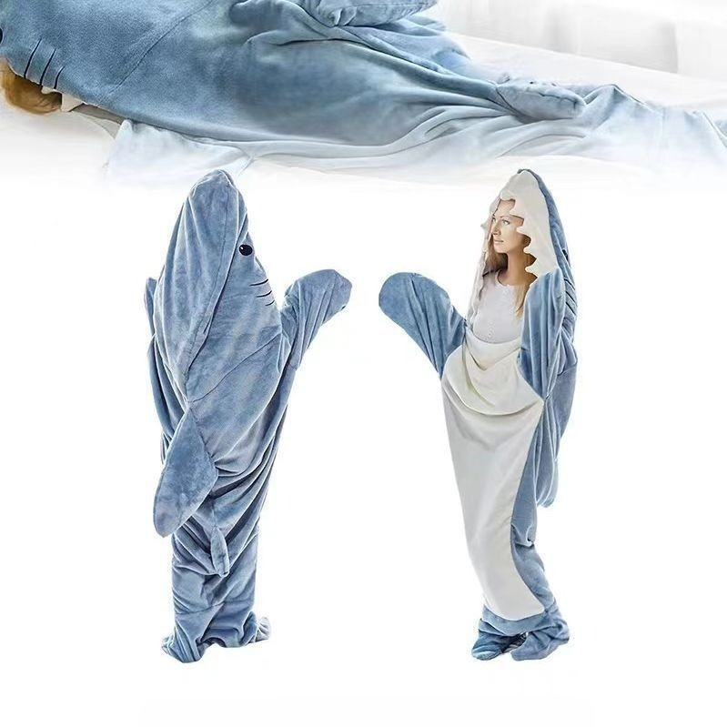 New Cartoon Shark Sleeping Bag Sand Sculpture Shark One-piece Pajamas Flannel Blanket Shark One-piece Pajamas_voghion.com