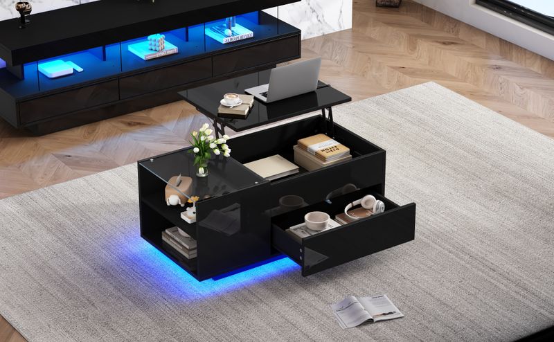 Table basse réglable en hauteur 95 x 48 x 42 cm avec rangement dissimulé, éclairage LED, tiroir et prise de courant - Table d'appoint de salon noire_voghion.com