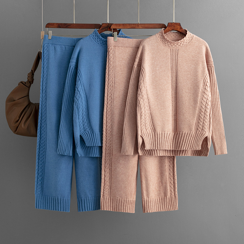 Women's fashion casual knit suit pants loose sweater wide leg trousers long pants two-piece set_voghion.com