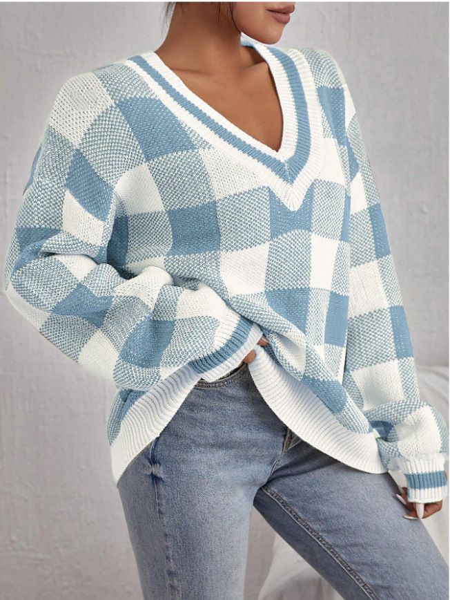 Maglione lavorato a maglia versatile a maniche lunghe con scollo a V, casual e scozzese, per donna, autunno inverno_voghion.com