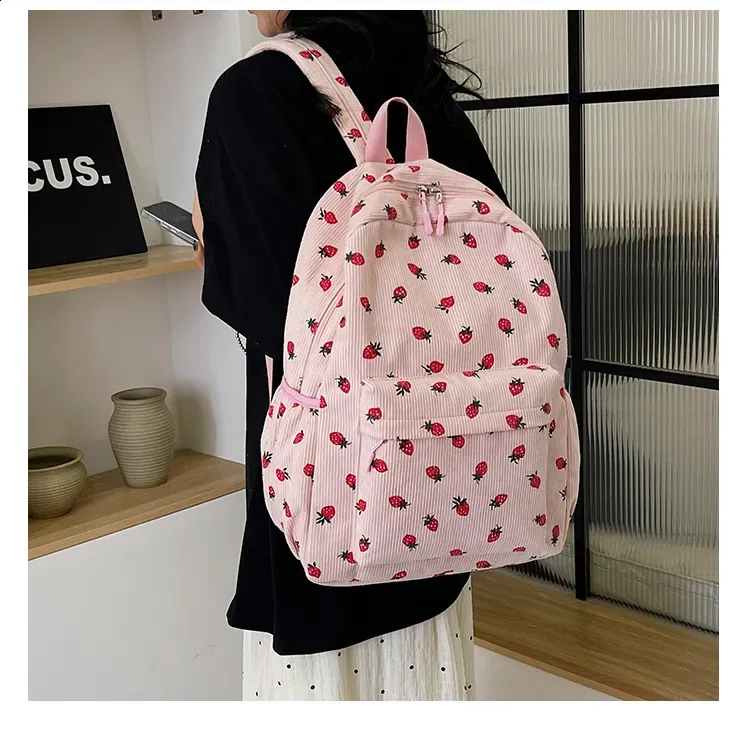 Corduroy Strawberry Backpack Student Multi Pocket Youth Adjustable Strap Notebook Outdoor Mochila Escolars 250408l_voghion.com