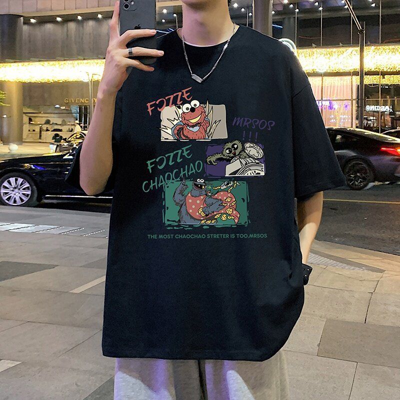 2025 Sommer Großes, lockeres T-Shirt aus Baumwolle mit Sport-Print und Rundhalsausschnitt, Fünf-Cent-Kurzarm-T-Shirt für Herren_voghion.com