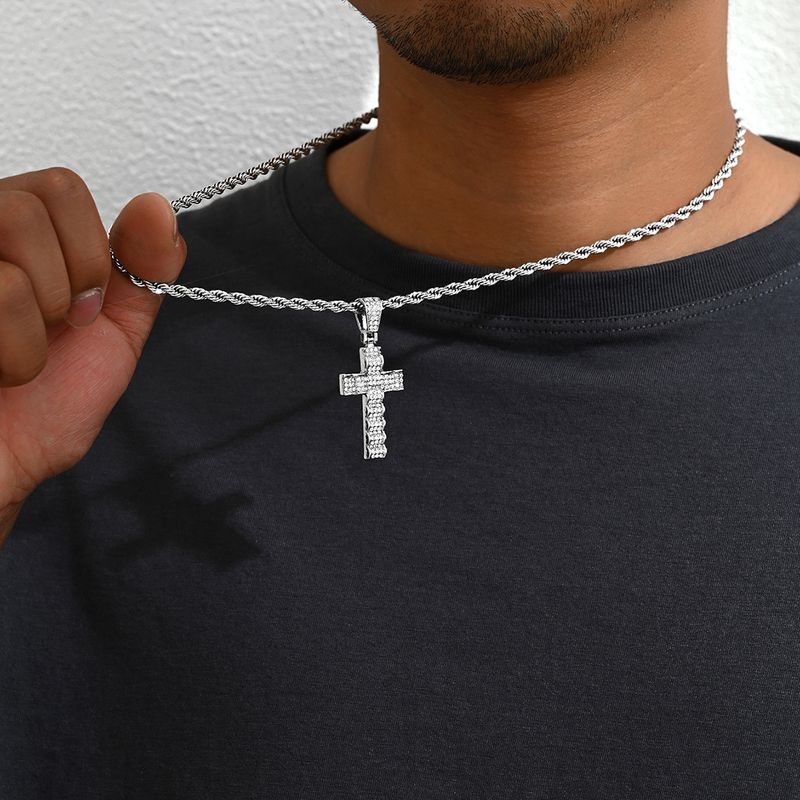 Collana con ciondolo a croce a diametro intero, stile hip hop, da uomo, alla moda, con catena cubana._voghion.com