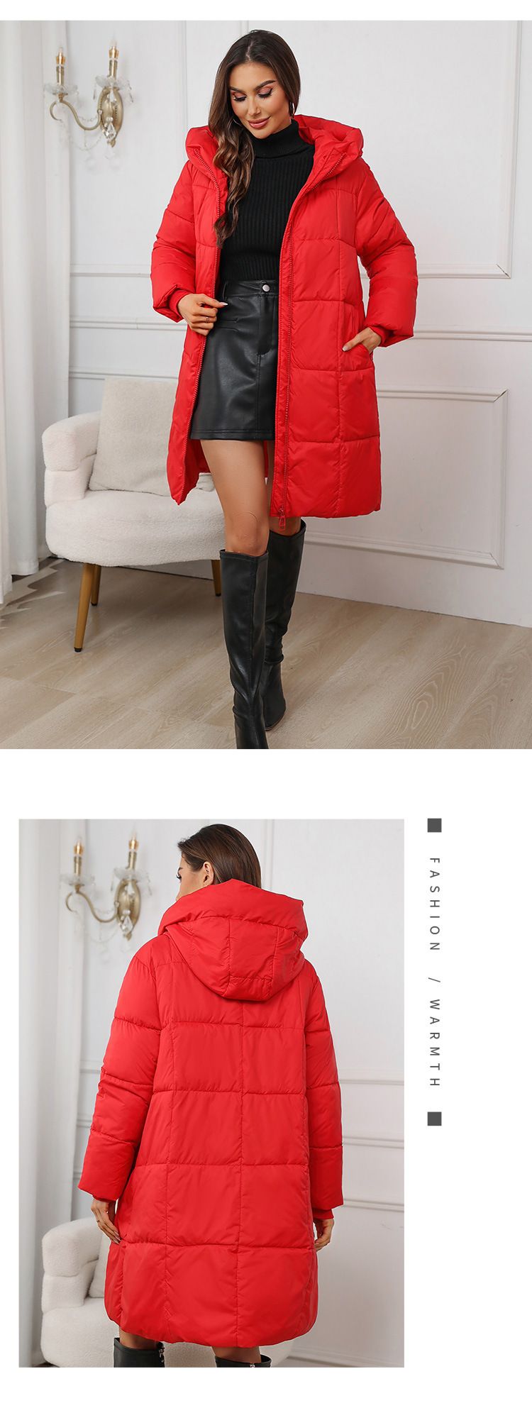 Parka oversize con cappuccio da donna – Giacca invernale spessa con tasche, maniche lunghe, cerniera frontale, capospalla casual (nero/rosso/kaki/marrone/crema)_voghion.com