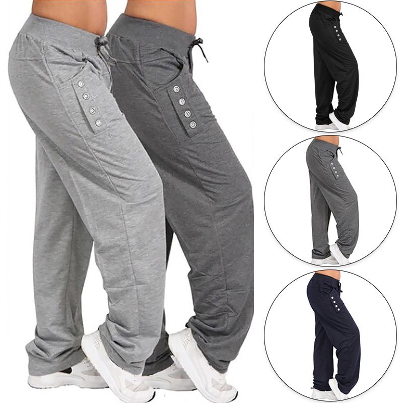 Pantalones deportivos de talla grande para mujer, de color sólido, con cordón, largos, informales, holgados, con cintura elástica, pantalones activos, pierna ancha_voghion.com
