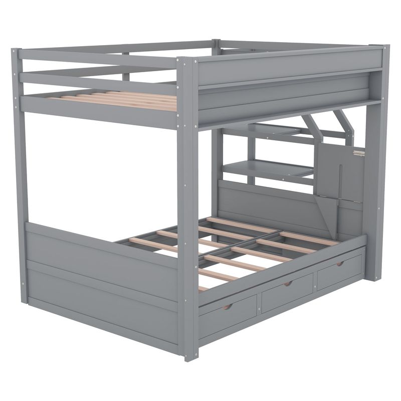 Wood Full Size Convertible Bunk Bed With Storage Staircase, Bedside Table, And 3 Drawers_voghion.com