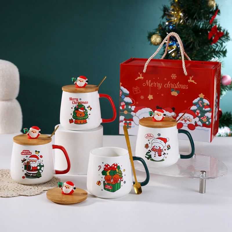 Kubek z pokrywką i łyżeczką, uroczy prezent świąteczny, wysokiej jakości ceramiczny kubek z wizerunkiem Świętego Mikołaja i łosia, pamiątka_voghion.com