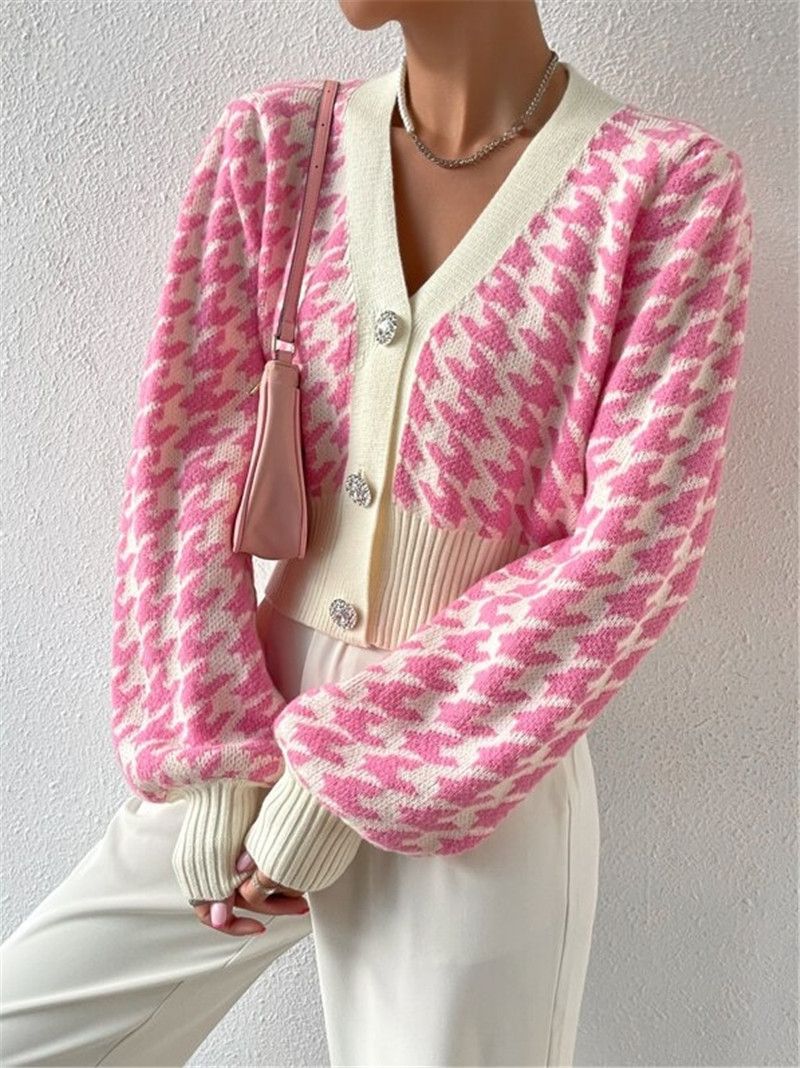 Dameskleding herfst en winter patroon lantaarn mouw gebreide cardigan trui korte jas_voghion.com