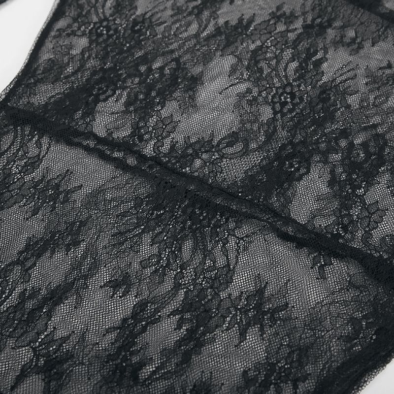Damenbekleidung Sexy schwarzes durchsichtiges Kleid mit Spitze, Rundhalsausschnitt, langen Ärmeln und Schlitz, asymmetrisches Kleid, langes Kleid für den Sommer_voghion.com