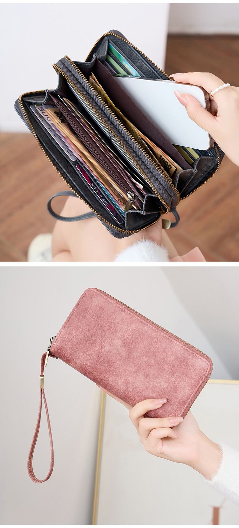 Herren-Geldbörse mit RFID-Schutz, Business-Geldbörse für Herren, modische Geldbörse mit Doppelreißverschluss, lange Geldbörse im Retro-Stil, große Kapazität, Damen-Clutch._voghion.com