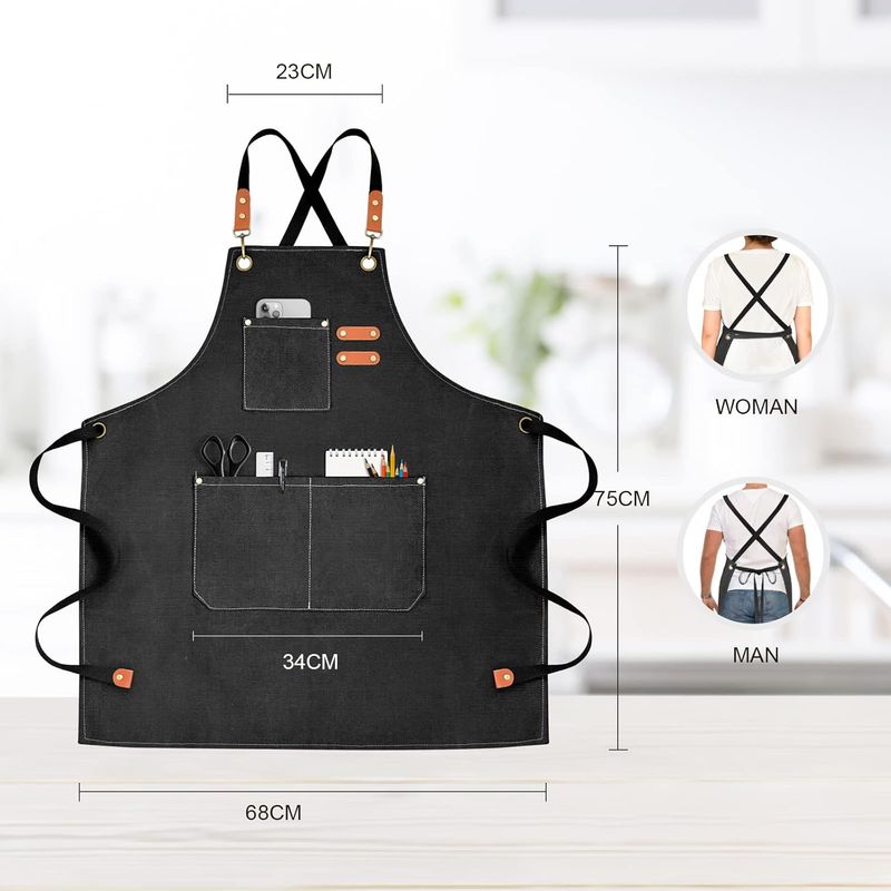 Chef Aprons For Men Women With Large Pockets, Cotton Canvas Cross Back Heavy Duty Adjustable Work Apron, Size M To XXL_voghion.com