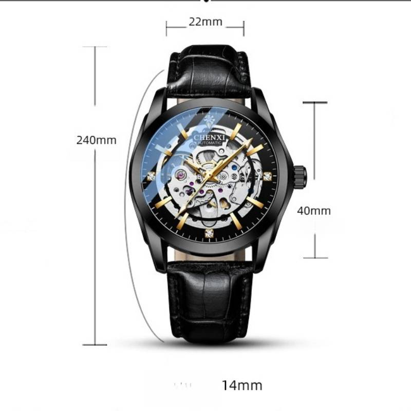 Round automatic mechanical watch leather strap skeletonized luminous waterproof shockproof pin buckle_voghion.com