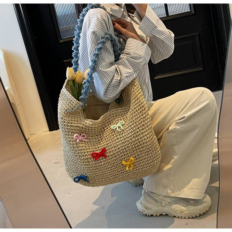 Borsa intrecciata a mano Borsa da spiaggia con fiocco carino Borsa da spiaggia alla moda Borsa da spiaggia monospalla in paglia Borsa da festa_voghion.com