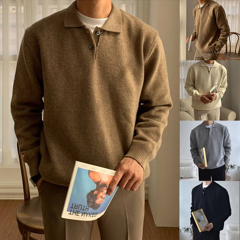 Pull polo en maille inspirée pour homme – Pull respirant à col boutonné (noir/beige/gris/marron)_voghion.com