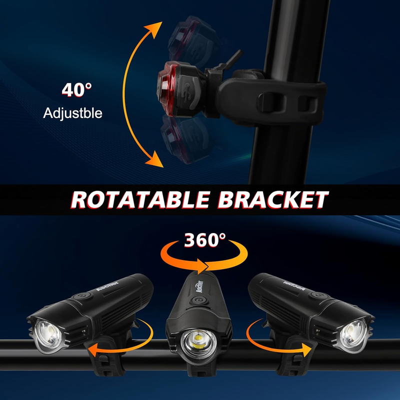 Set di luci per bicicletta ricaricabili tramite USB ultra luminose, potente fanale anteriore e posteriore, 4 modalità di illuminazione, facile da installare, nero_voghion.com