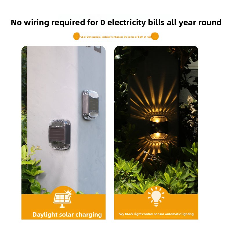 Luminária de parede com 4 LEDs movida a energia solar, decoração à prova d'água para jardim externo, efeito de brilho duplo, 3000K branco quente + mudança de cor, brilho ajustável_voghion.com