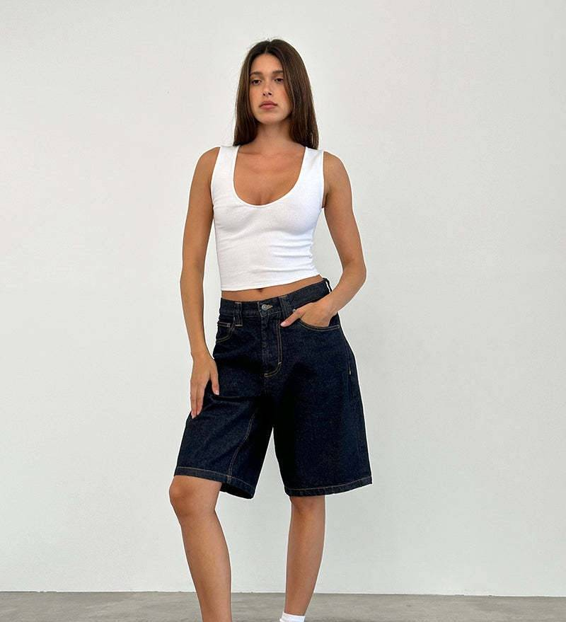 Pantaloni Capri a vita media in denim lavato vintage per donna - Comodi pantaloncini casual a gamba dritta (S-XXL, blu classico/nero)_voghion.com