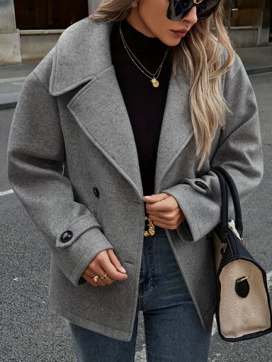 "Damen Blazermantel in Wolloptik – Übergroße kurze Trenchcoatjacke mit Revers (Hellgrau/Dunkelgrau) S-XXL"_voghion.com