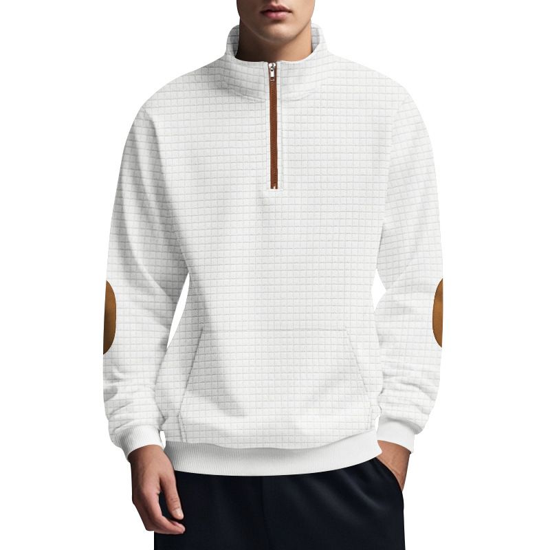 American Style Autumn Winter Men's Casual Sweatshirt Jacquard Small Square Embroidery Patchwork Stand Collar Loose Top_voghion.com