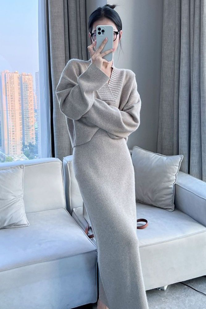 Autumn Winter Korean Drama Style Gentle Salt Series Light Mature High-End Knitted Sweater And Skirt Two-Piece Set For_voghion.com