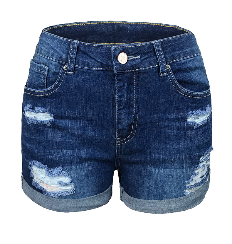 pantaloncini di jeans elasticizzati a vita media da donna in stile hot con fori_voghion.com