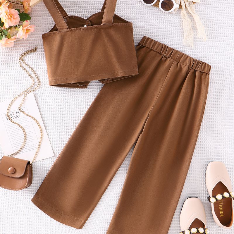 Traje de trabajo para madres e hijos, para niñas, color liso, con tirantes y botonadura sencilla, de mezclilla, talla pequeña y mediana, de dos piezas._voghion.com