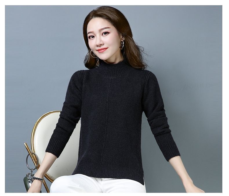 【 Cashmere Family 】 Half high neck short woolen base women's loose thick knit sweater, inner layer for autumn and winter_voghion.com