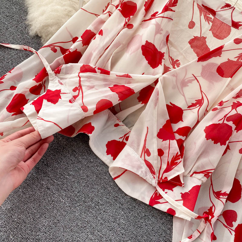 Chemise courte en mousseline de soie imprimée de style resort pour femmes, avec jupe fendue à bords d'oreilles funky, ensemble deux pièces tendance_voghion.com