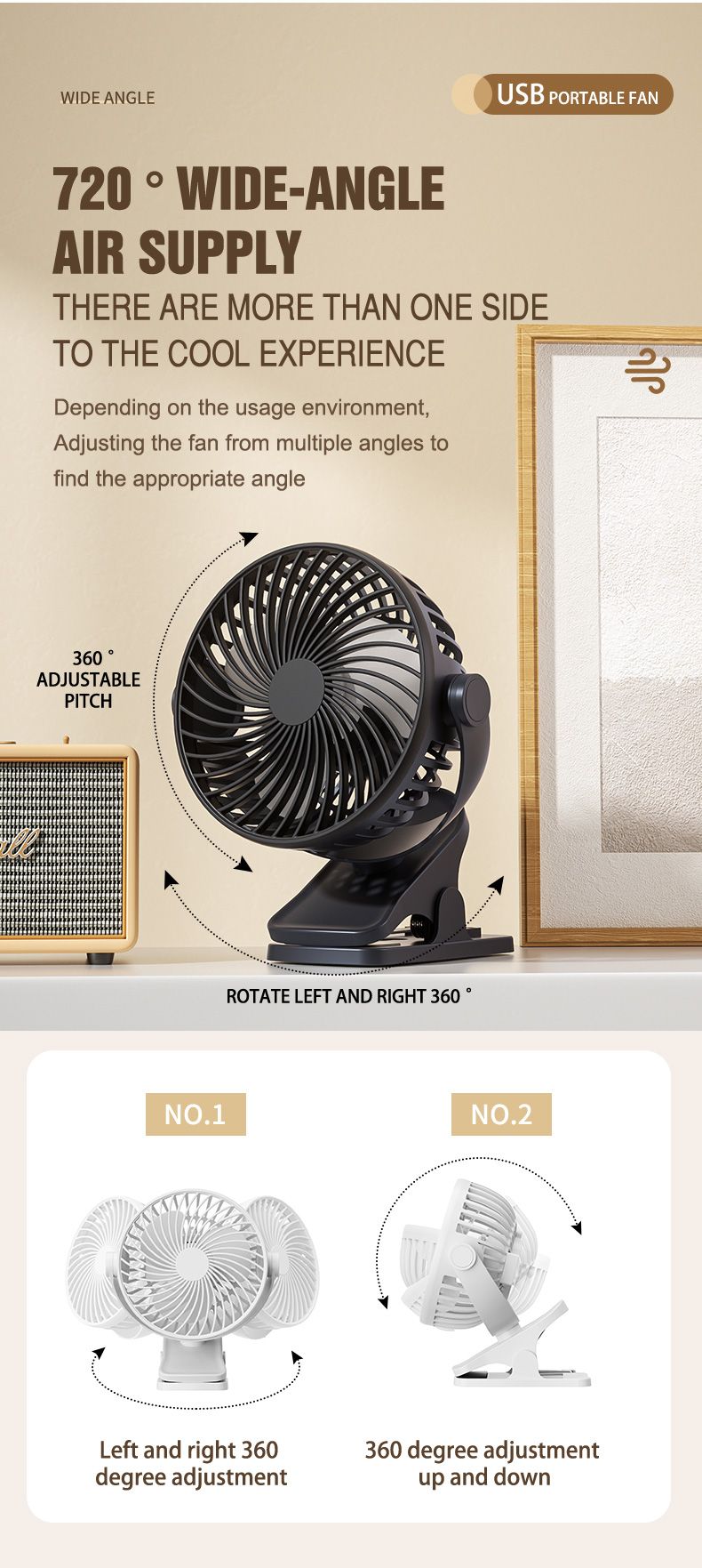 Tragbarer, aufsteckbarer kleiner elektrischer Ventilator, geeignet für Zuhause und Büro, Schreibtisch im Freien, USB-Aufladung mit großer Kapazität_voghion.com