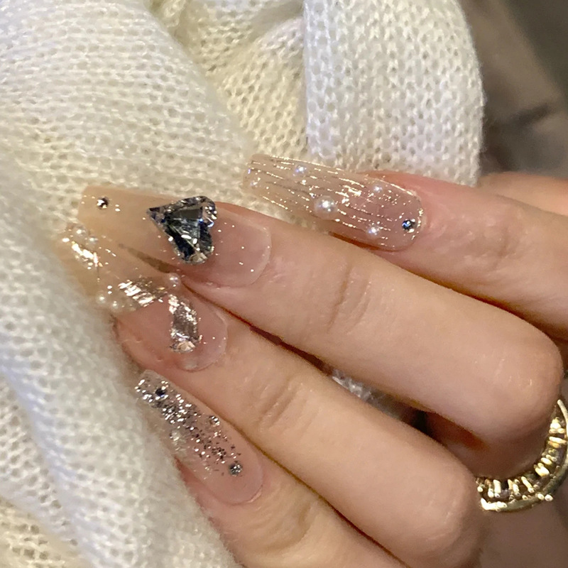 Lange Ballerina 24 Stück künstliche Nägel, vollständig bedeckende Nagelspitzen, gelbe französische Kunstnägel mit Aurora-Strasssteinen, zum Aufdrücken_voghion.com