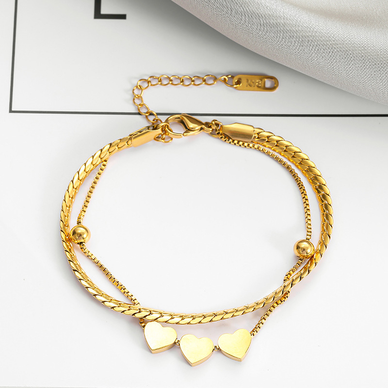 High Quality Romantic Heart Stainless Steel Bracelet for Women Charm Gold Color Snake Chain Layered Bracelet Jewelry Girlfriend Gift_voghion.com