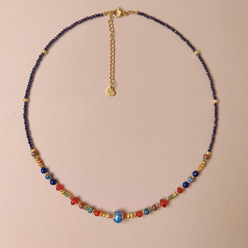Stile di design, anello di olio gocciolante in smalto colorato, agata rossa, perle di riso importate, collana di perline fatta a mano, semplice girocollo retrò di nicchia_voghion.com
