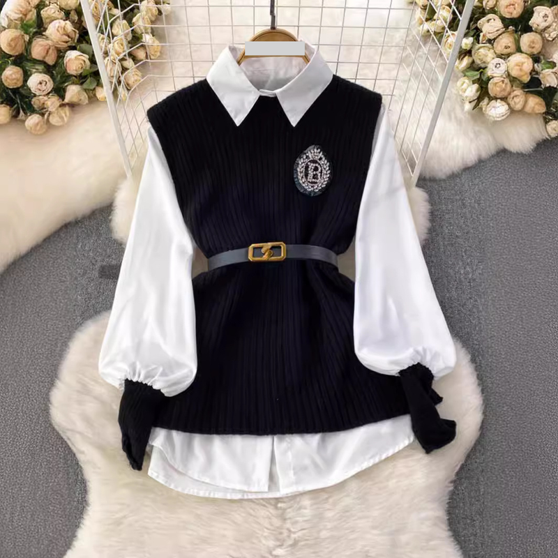 Damenbekleidung Laterne Langarm locker schlank mittellanges Hemd Krawatte Taille Strickweste Weste zweiteiliger Anzug für Frauen_voghion.com