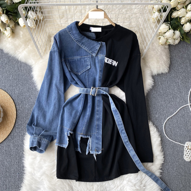 Abbigliamento donna Camicia in denim Abito patchwork Maniche lunghe Design asimmetrico Nicchia Vita Snellente Gonna fianchi_voghion.com