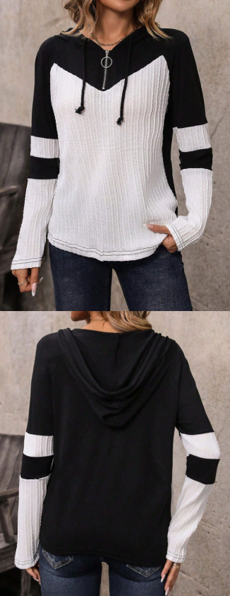 Abbigliamento da donna top da donna cerniera patta maglione lavorato a maglia con cappuccio manica lunga contrasto colore maglietta da donna_voghion.com