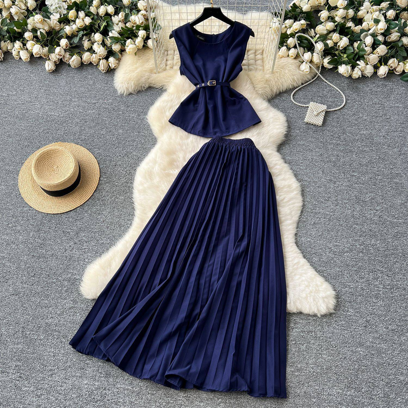 Vêtements pour femmes, haut sans manches à col rond, taille haute, amincissant, grande jupe plissée, ensemble deux pièces_voghion.com