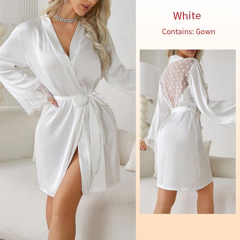 Peignoir de bain en soie pour homme, chemise de nuit, pyjama mi-long, maille à pois, épissure de soie glacée, vêtements de maison_voghion.com