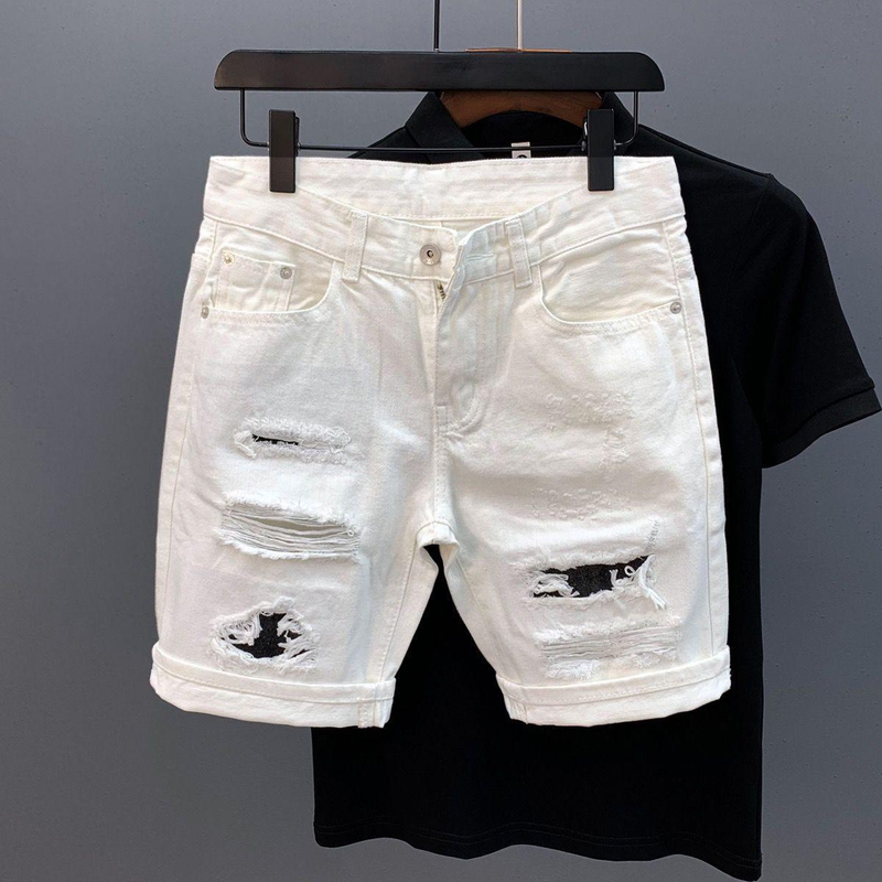Men's Clothing Cat Whisker Big Hole White Denim Shorts Men Ins Trend Summer New Style Scratched Casual Non Elastic Shorts_voghion.com