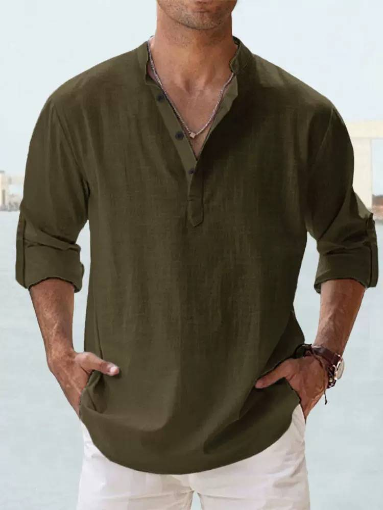 2025 Men's Linen Stand Collar Long-sleeved T-shirt, Loose-fitting Undershirt, Pure Color Long-sleeved Shirt_voghion.com