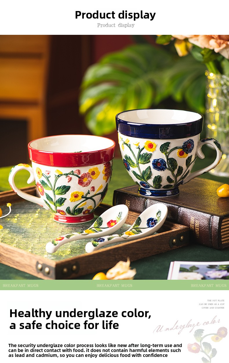 Blue & Red Hydrangea Ceramic Mug Set With Lid – 550ml Large Vintage Floral Coffee Cup Compatible With Snack Dish & Spoon_voghion.com