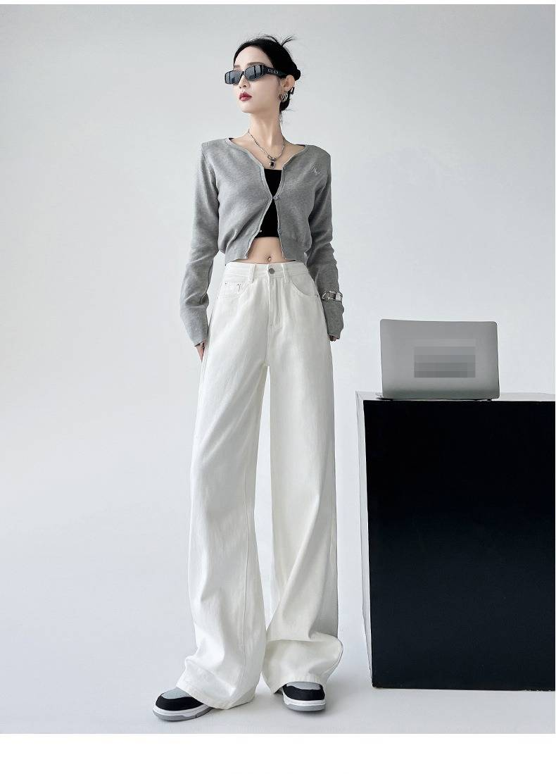 Damenbekleidung Weiße Jeans mit weitem Bein, hohe Taille, fließende Hose mit geradem Bein für Komfort und Stil im Herbst mit Volltonfarbe_voghion.com